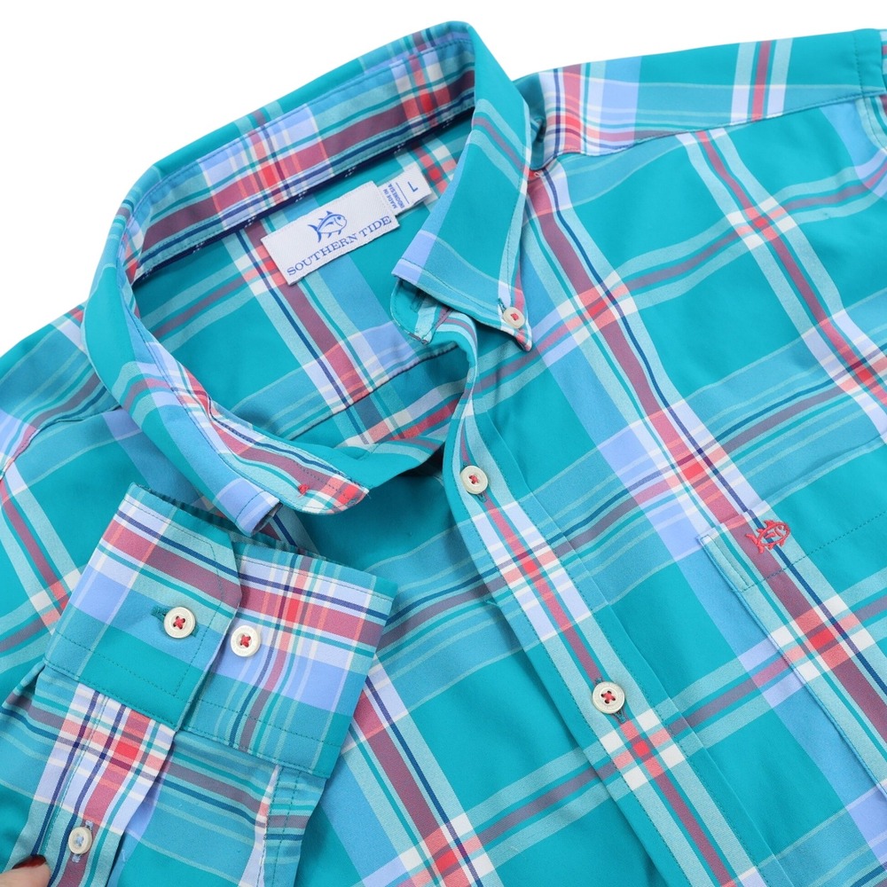 Southern Tide Mens Large Teal Plaid Performance Nylon Spandex Button Down Shirt